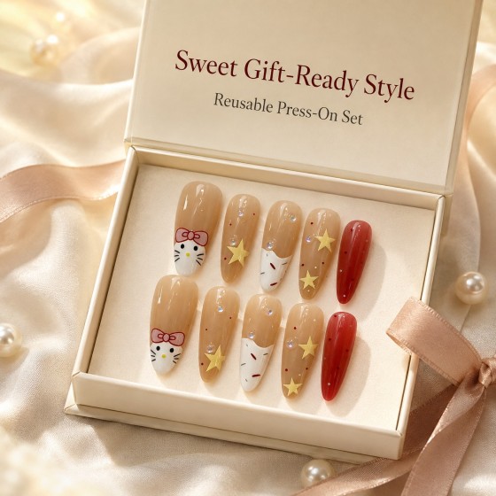 Cute Hand‑Painted Cartoon Cat Press‑On Nails, Sweet Almond False Nails With Star & Polka Dot Red Accent